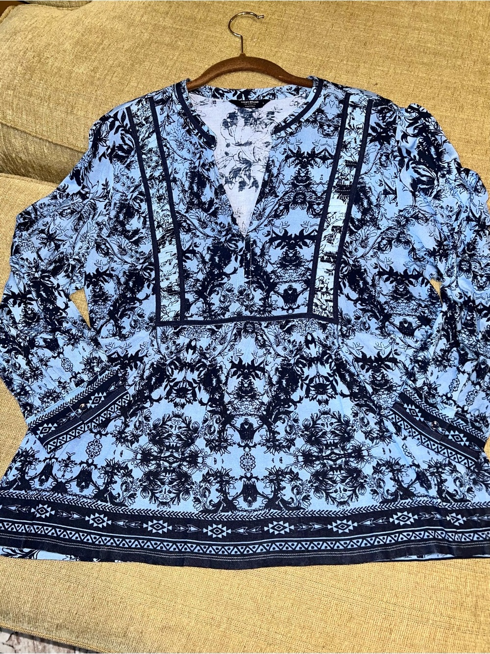 Lucky Brand Light Blue and Black Printed V-Neck Tunic